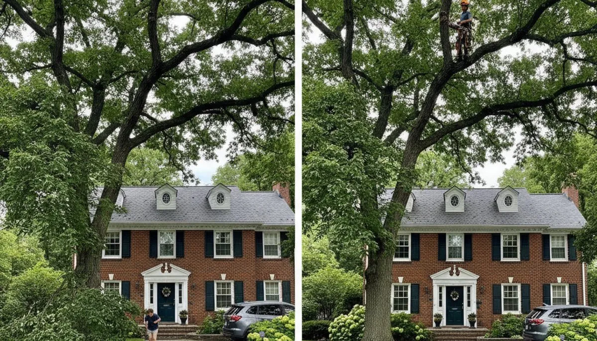 Arborist lifting tree canopy for driveway clearance in Highland Park, IL tree trimming service