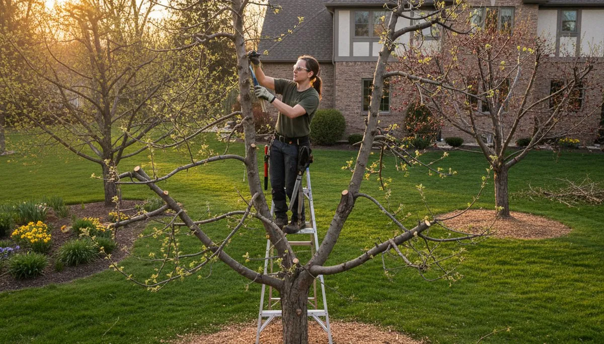 Arborist pruning fruit tree for better yield in Highland Park IL backyard orchard tree service