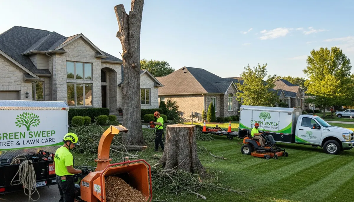 Professional lawn and tree service crew working in Highland Park, IL yard