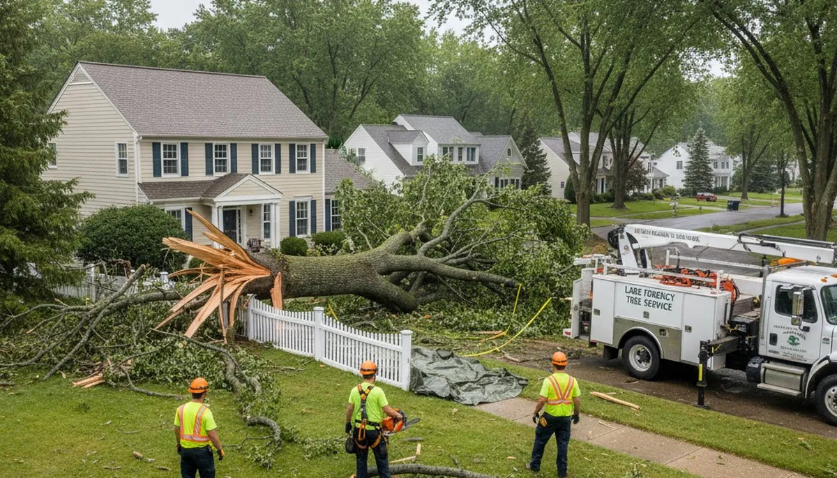 Emergency tree removal after storm damage in Lake Forest, IL by Highland Park tree service crew