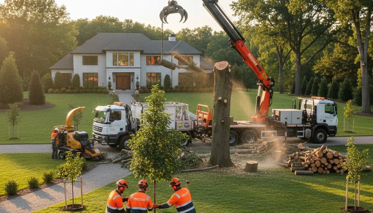 Arborist planting new tree in Highland Park, IL for residential landscape enhancement