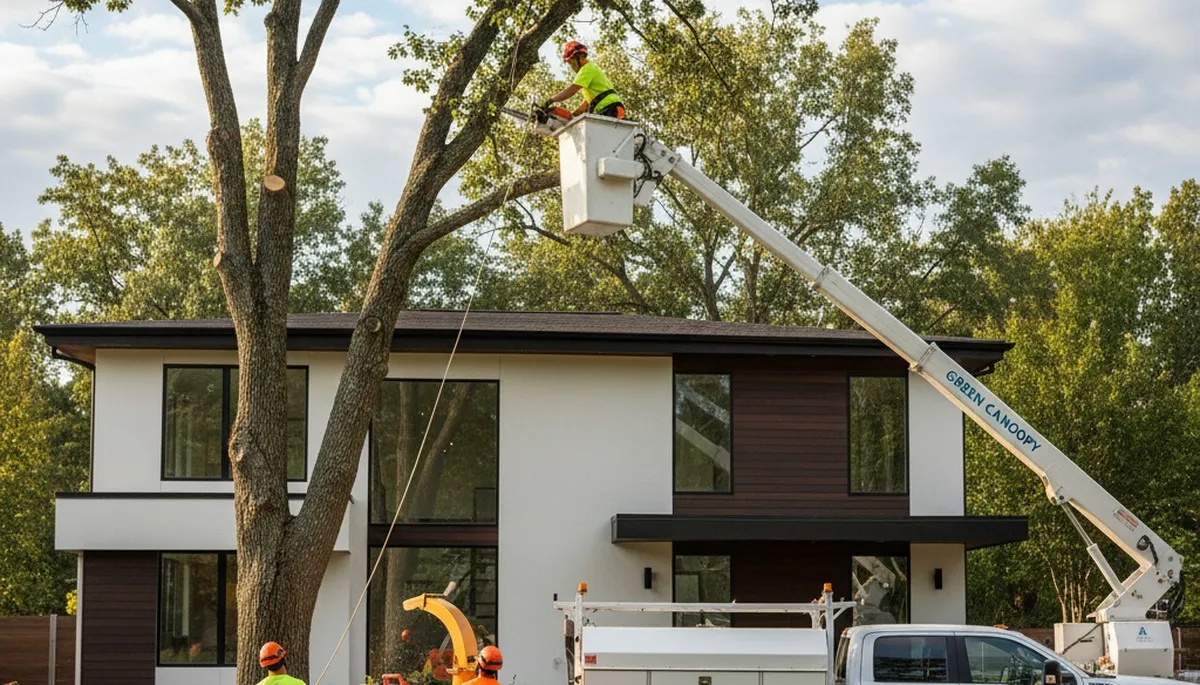 Professional tree removal service team in Highland Park, IL safely cutting and clearing large oak tree
