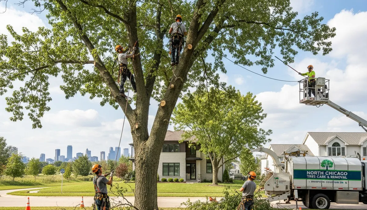Professional tree removal service in Highland Park IL safely cutting large oak tree