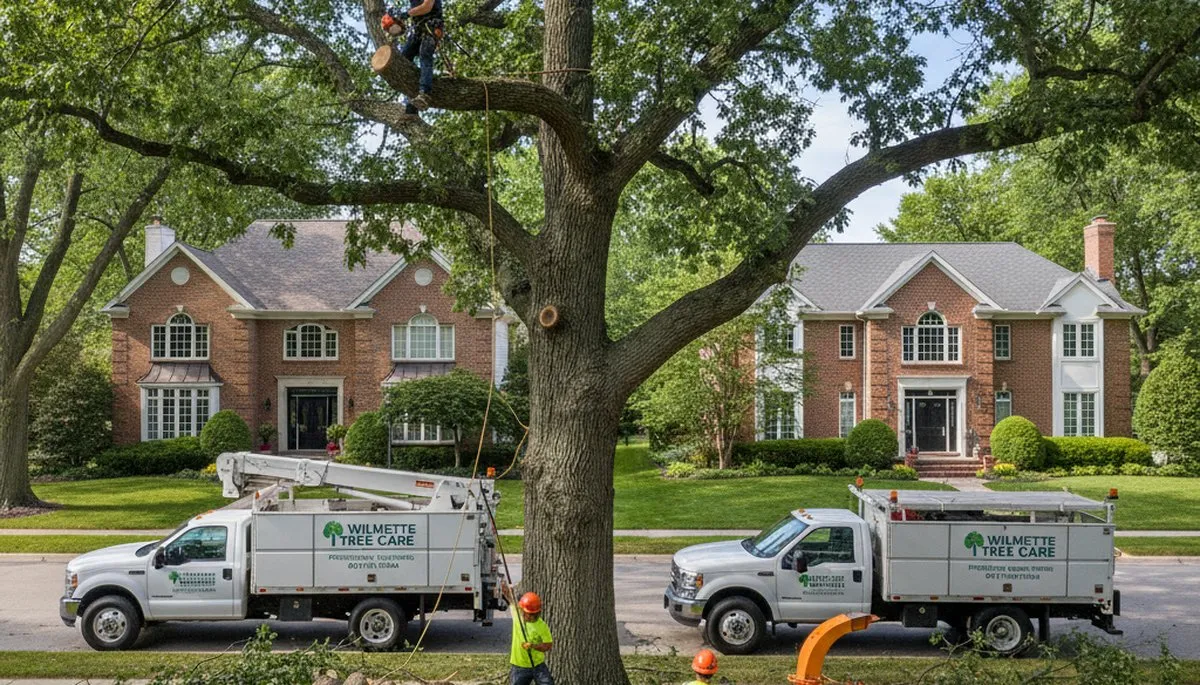 Professional tree removal service truck in Highland Park, IL clearing large oak tree safely